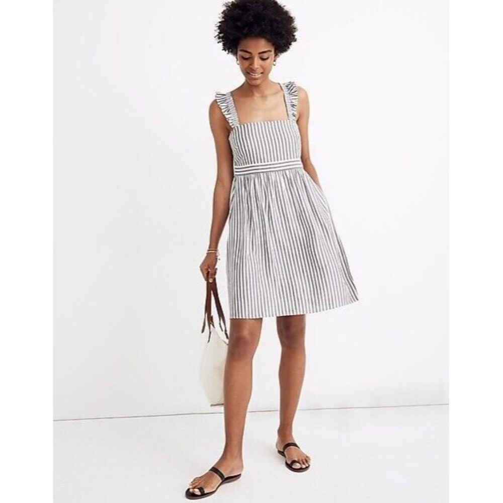 Madewell Women's Striped Ruffle-Strap Empire Dress Size 10 Gray & White